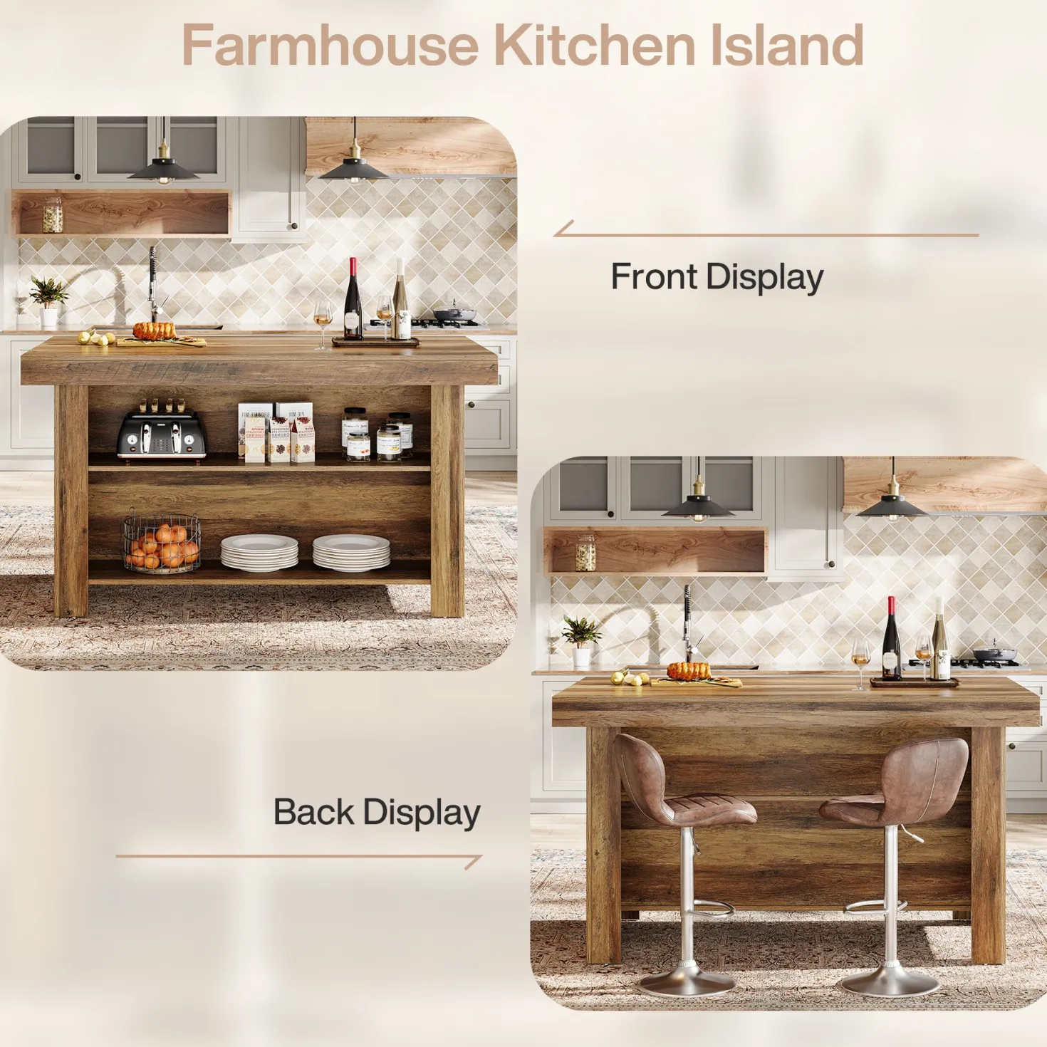 55" Kitchen Island, 3-Tier Island Table Counter Height Bar Table