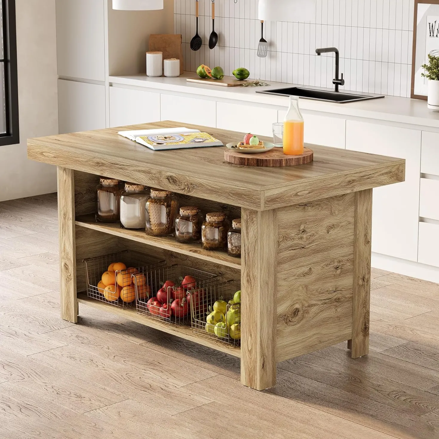55" Kitchen Island, 3-Tier Island Table Counter Height Bar Table