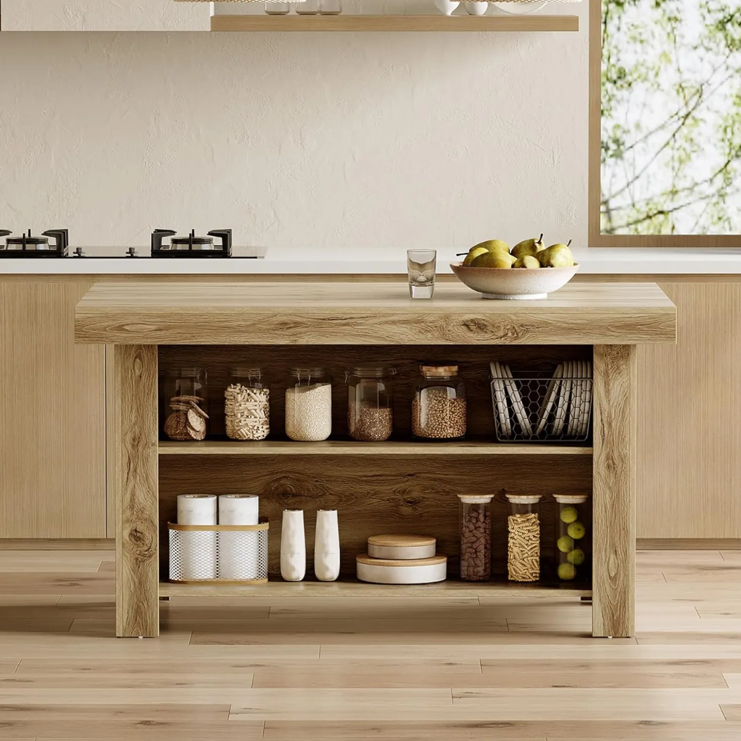 55" Kitchen Island, 3-Tier Island Table Counter Height Bar Table