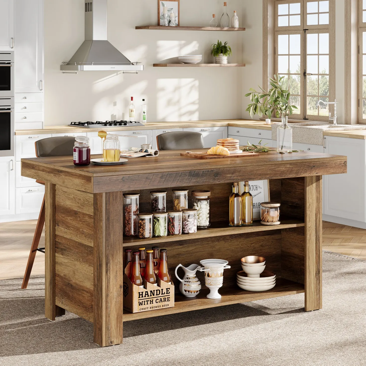 55" Kitchen Island, 3-Tier Island Table Counter Height Bar Table