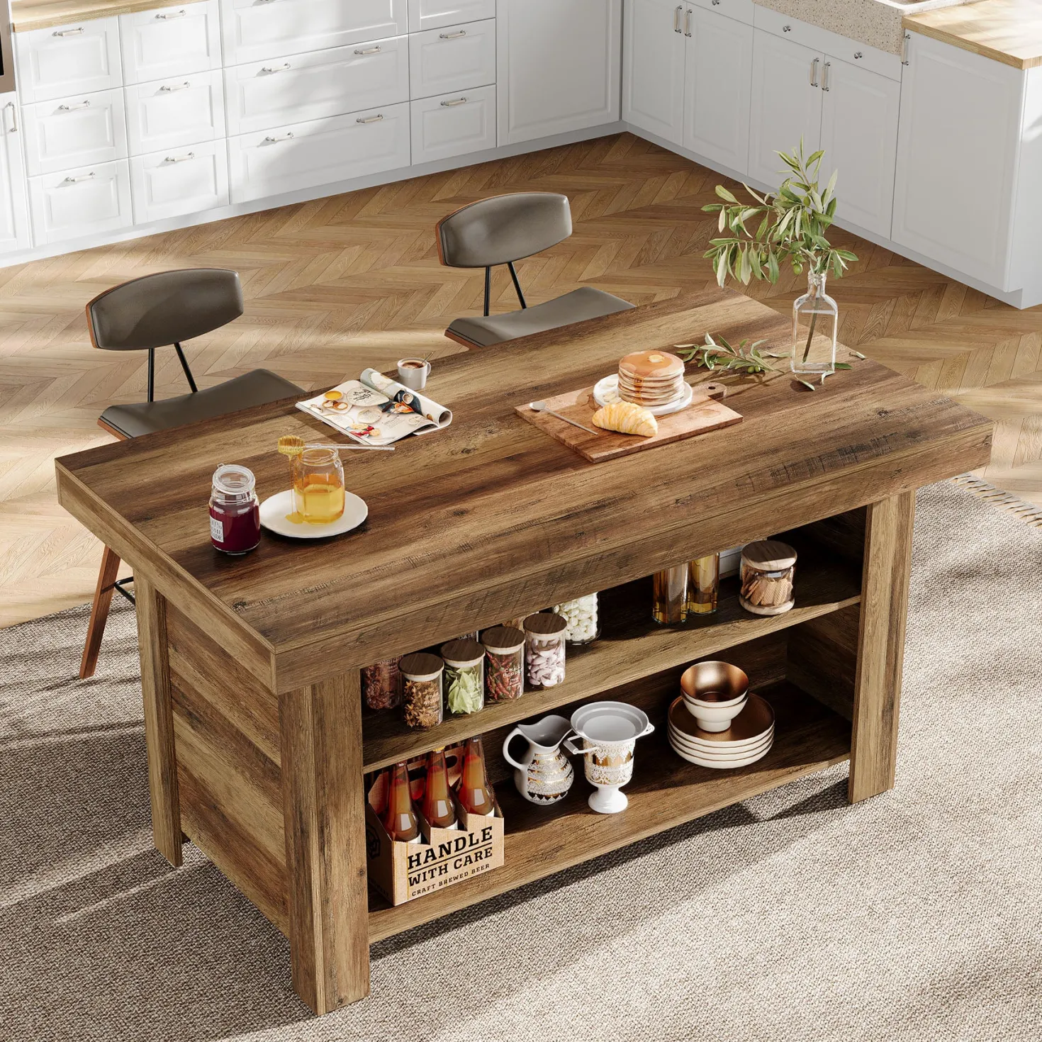 55" Kitchen Island, 3-Tier Island Table Counter Height Bar Table