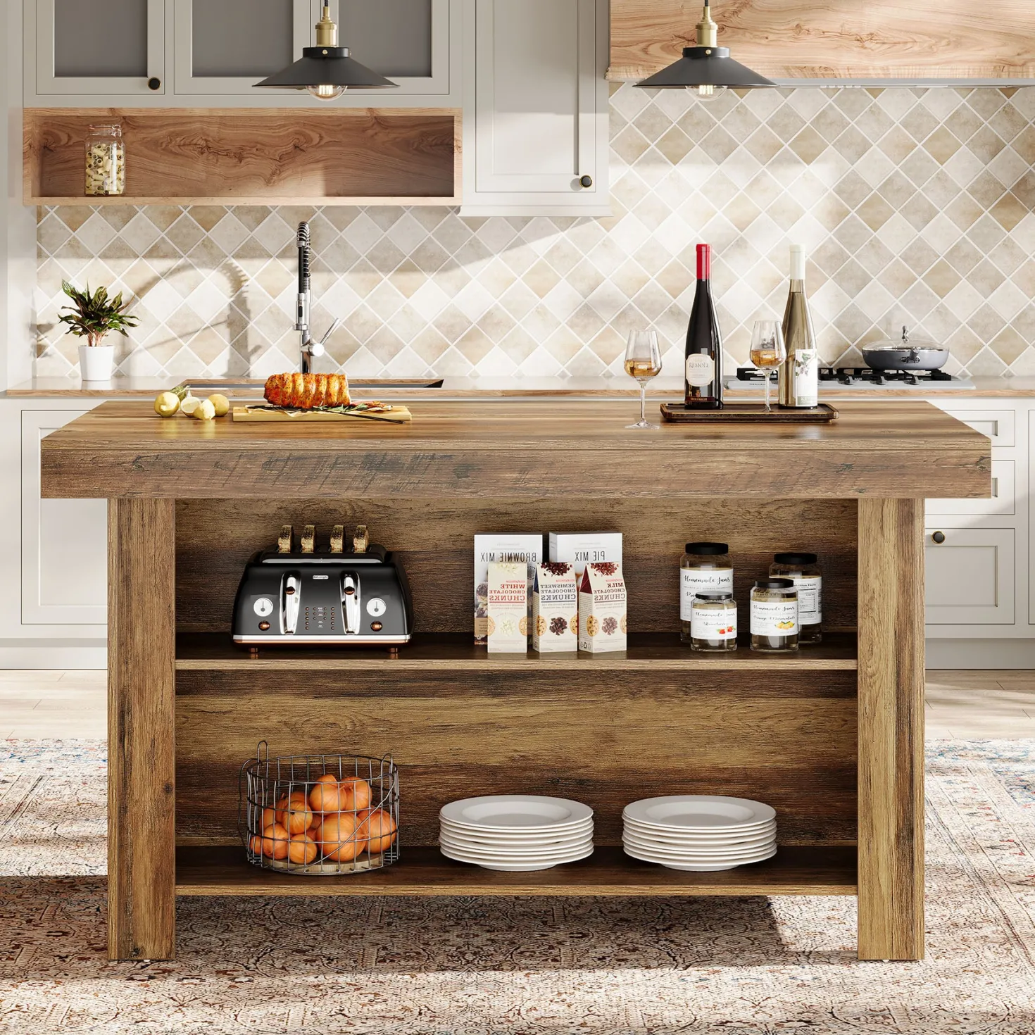 55" Kitchen Island, 3-Tier Island Table Counter Height Bar Table