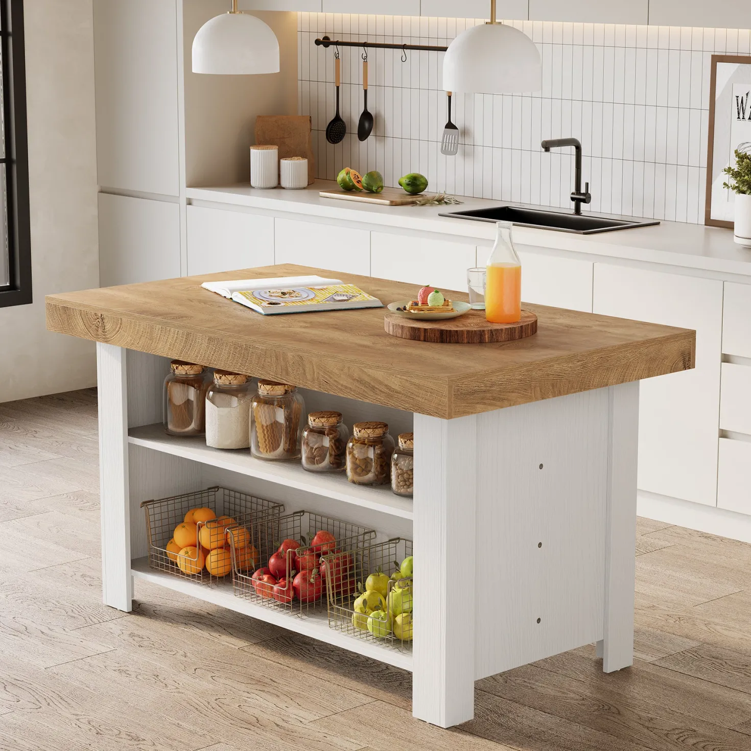 55" Kitchen Island, 3-Tier Island Table Counter Height Bar Table
