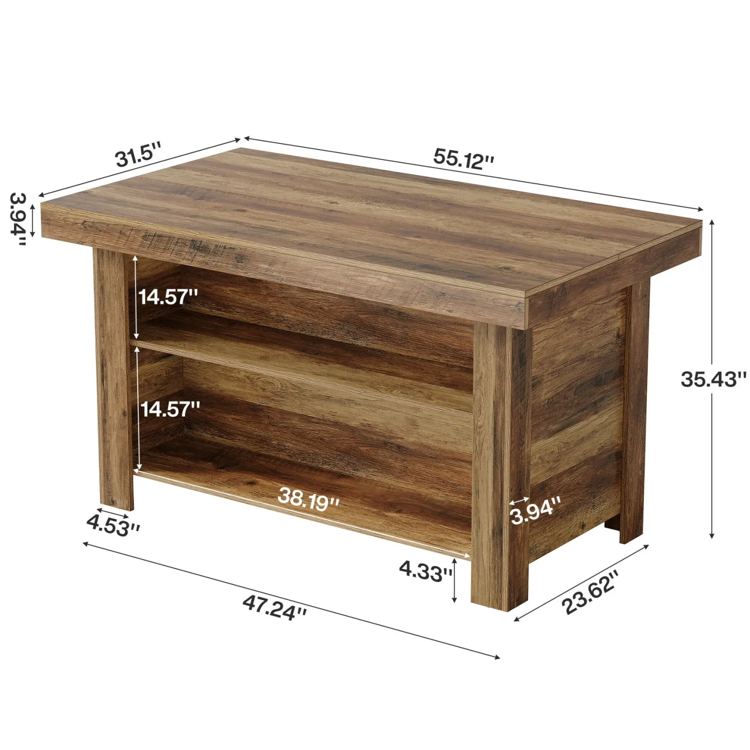 55" Kitchen Island, 3-Tier Island Table Counter Height Bar Table