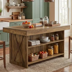 55" Kitchen Island with Storage Shelves, Farmhouse Island Table for Dining Room