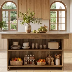 55" Kitchen Island with Storage Shelves, Farmhouse Island Table for Dining Room
