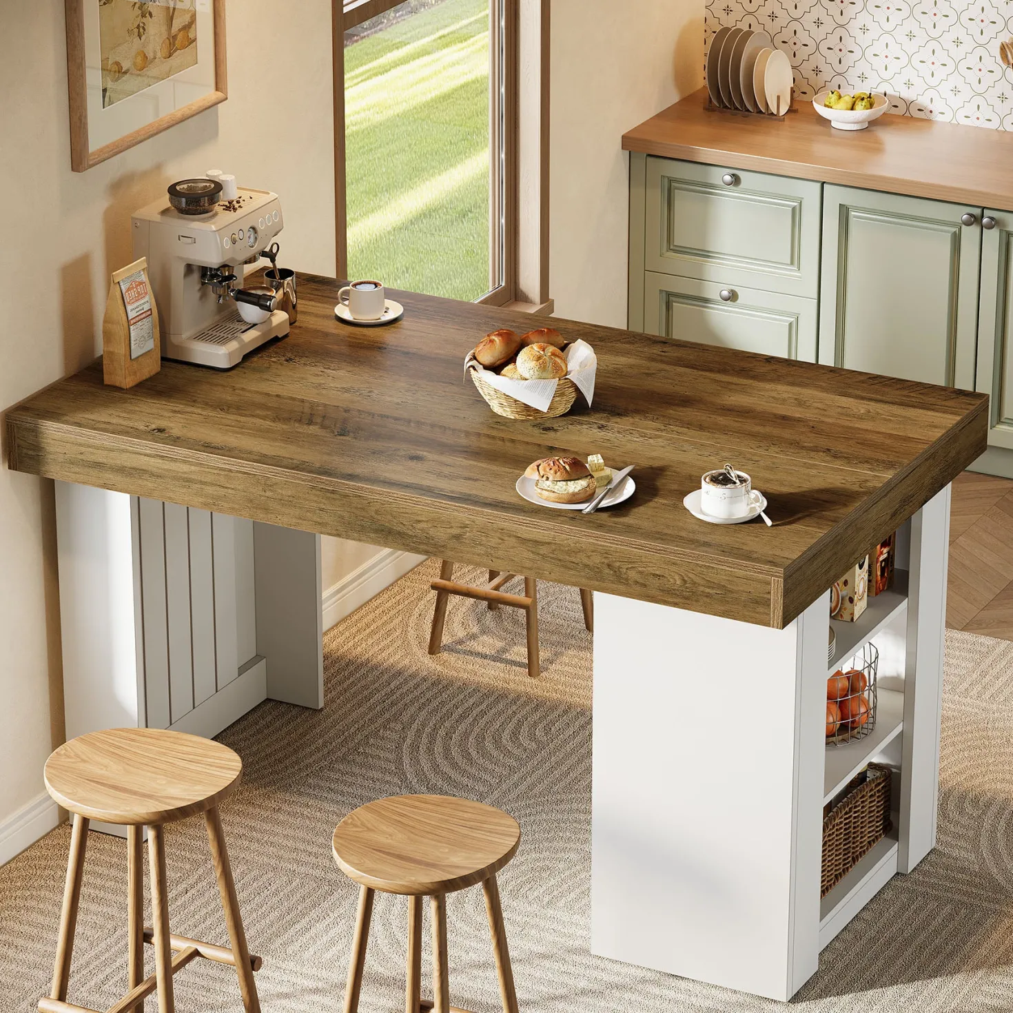 55" Kitchen Island with Storage, Farmhouse Stationary Island Table for Kitchen