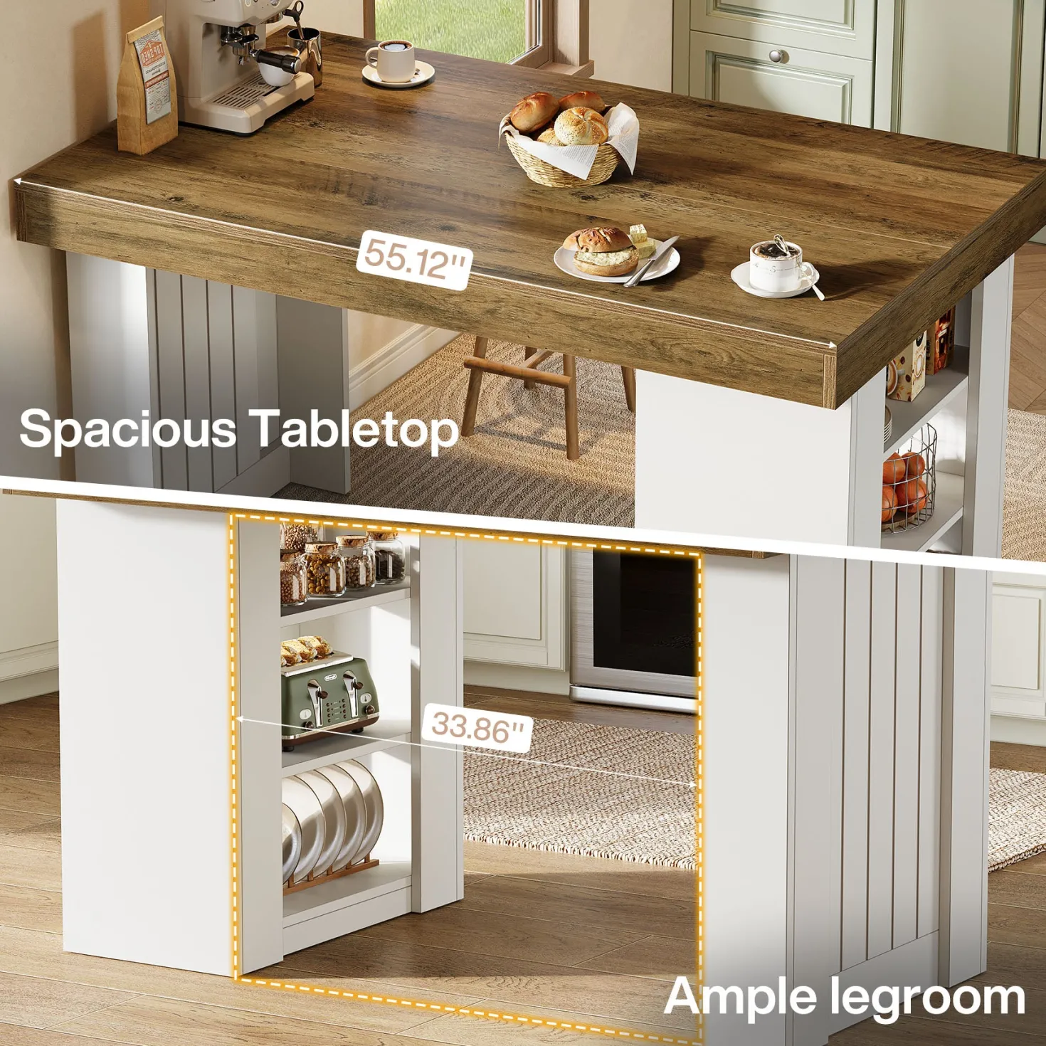 55" Kitchen Island with Storage, Farmhouse Stationary Island Table for Kitchen