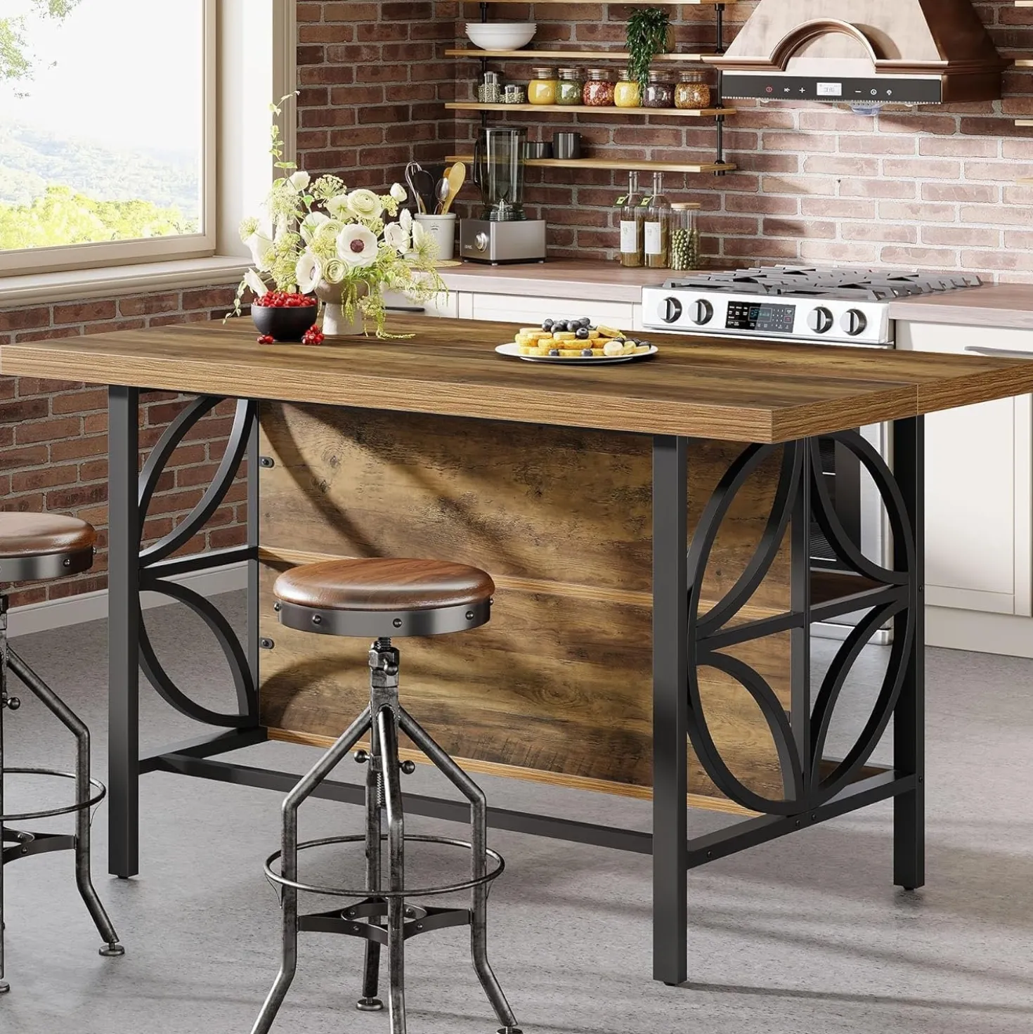 63" Kitchen Island with Storage, 2-Tier Kitchen Bar Table with Large Worktop