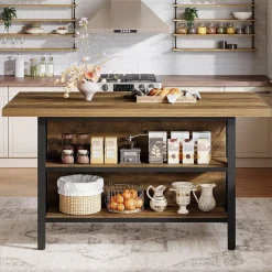 63" Kitchen Island with Storage, 2-Tier Kitchen Bar Table with Large Worktop