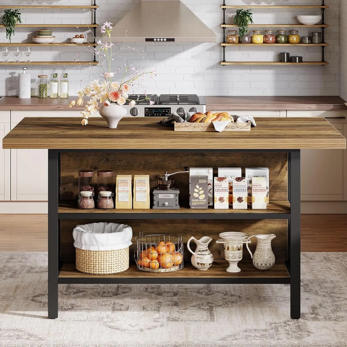 63" Kitchen Island with Storage, 2-Tier Kitchen Bar Table with Large Worktop