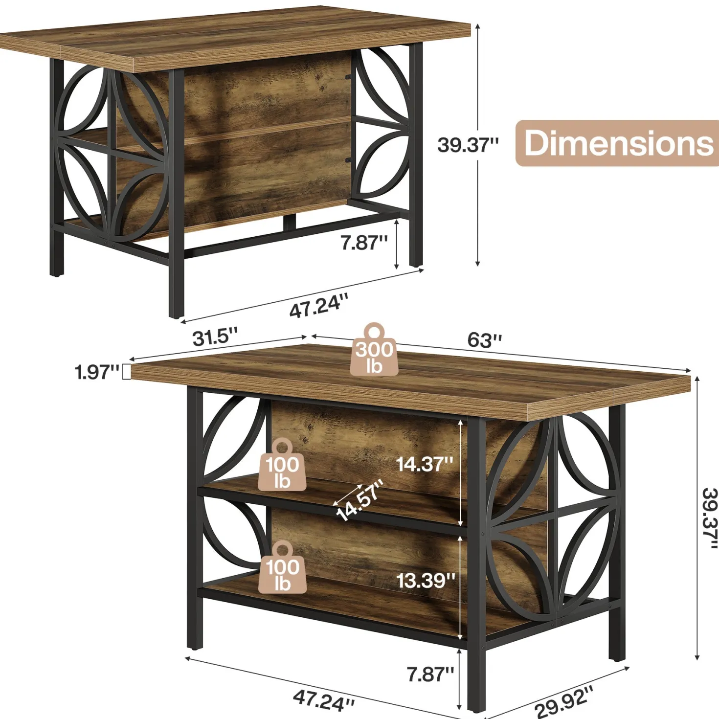63" Kitchen Island with Storage, 2-Tier Kitchen Bar Table with Large Worktop