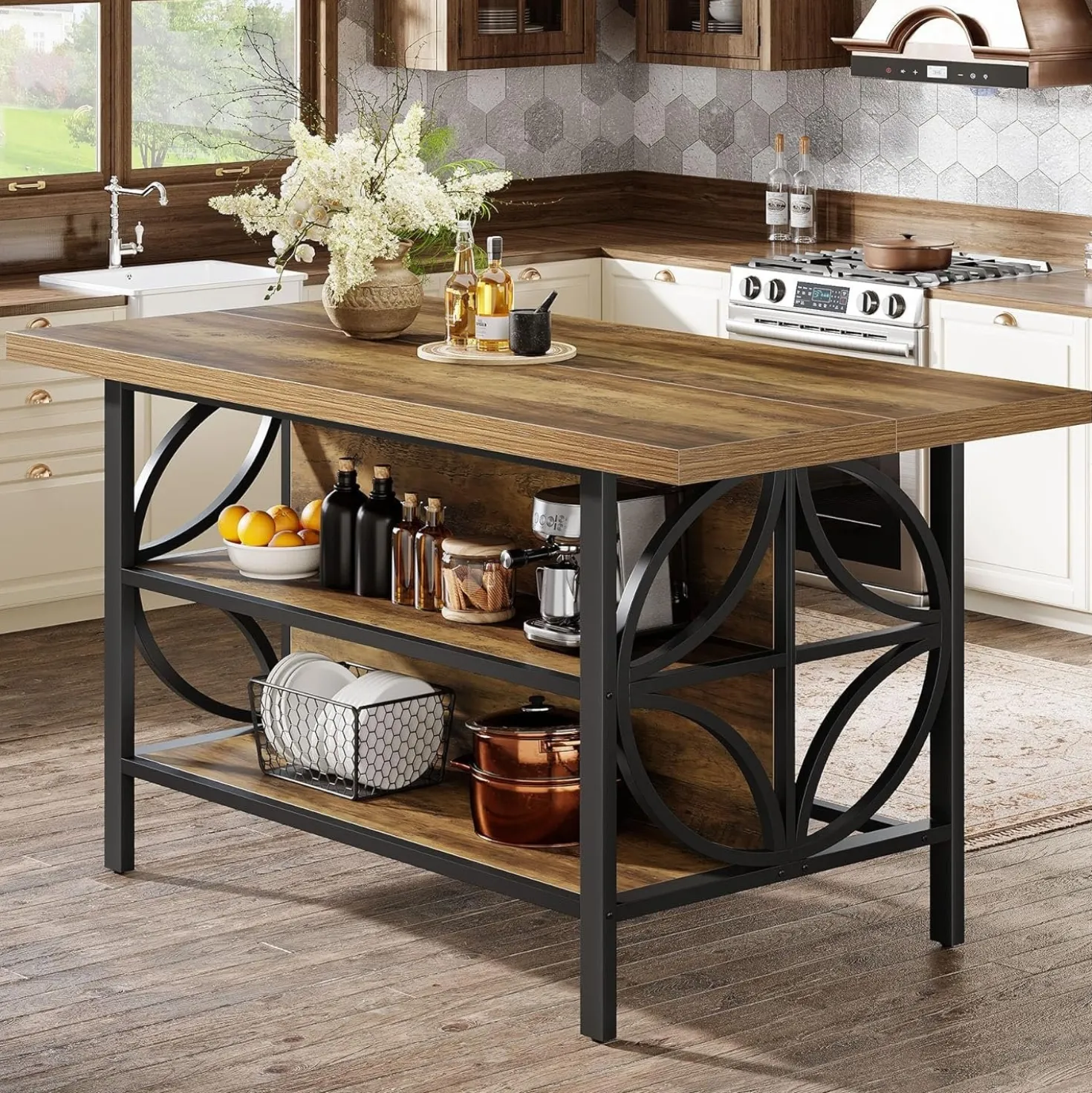 63" Kitchen Island with Storage, 2-Tier Kitchen Bar Table with Large Worktop