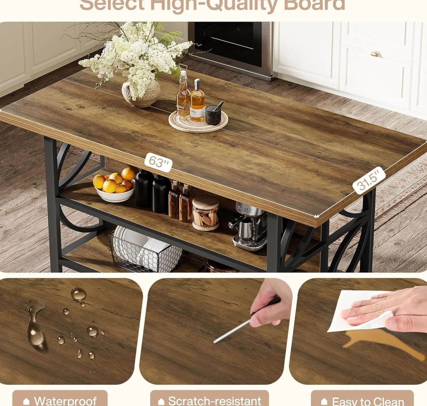 63" Kitchen Island with Storage, 2-Tier Kitchen Bar Table with Large Worktop