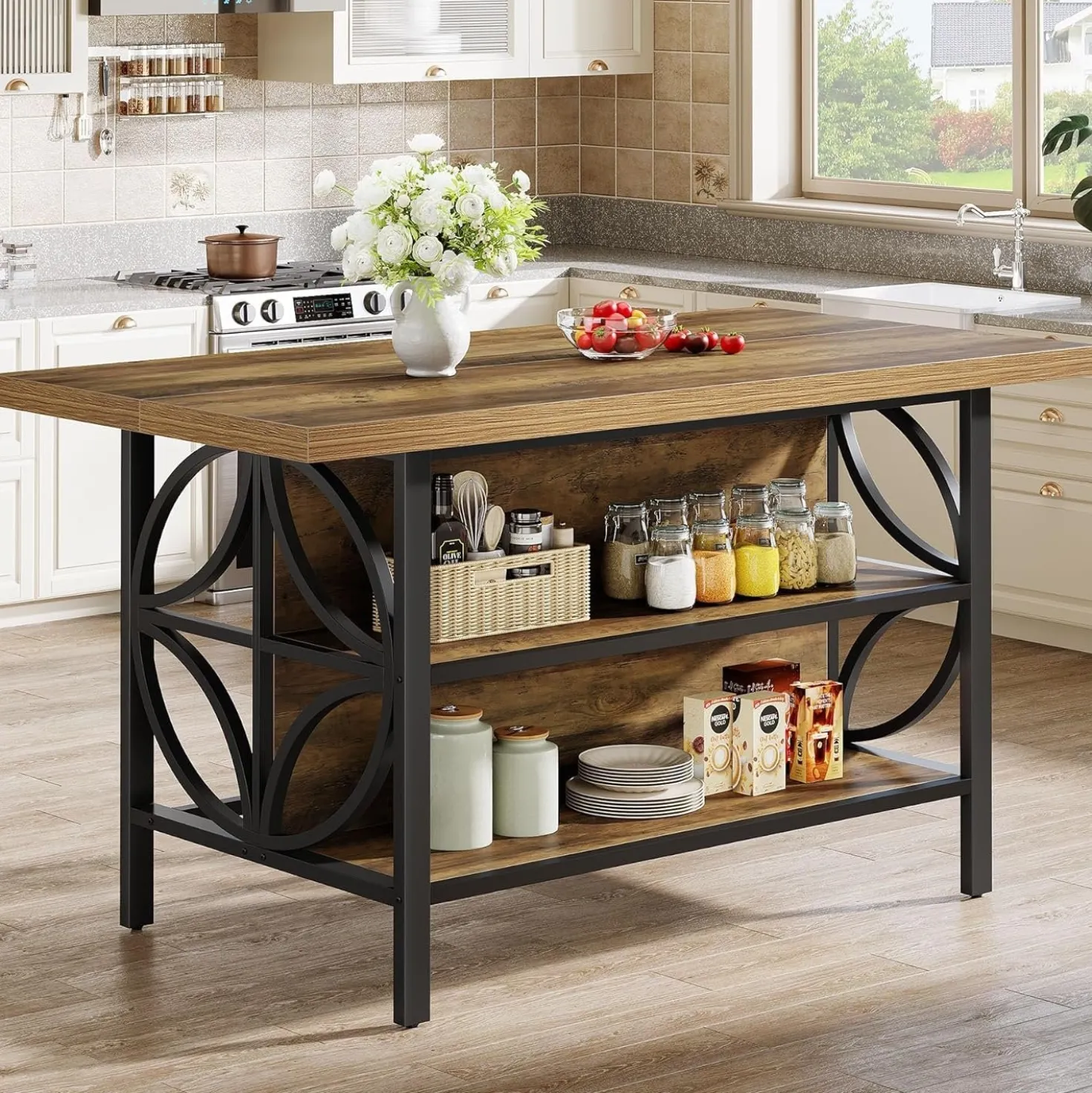 63" Kitchen Island with Storage, 2-Tier Kitchen Bar Table with Large Worktop
