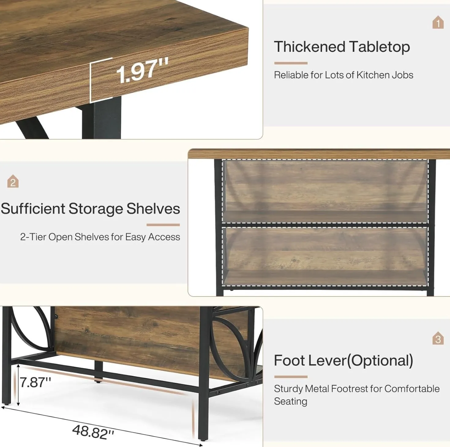63" Kitchen Island with Storage, 2-Tier Kitchen Bar Table with Large Worktop