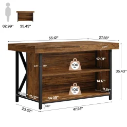 55" Kitchen Island with Storage, 3-Tier Stationary Island Table with Metal Frame