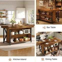 55" Kitchen Island with Storage, 3-Tier Stationary Island Table with Metal Frame