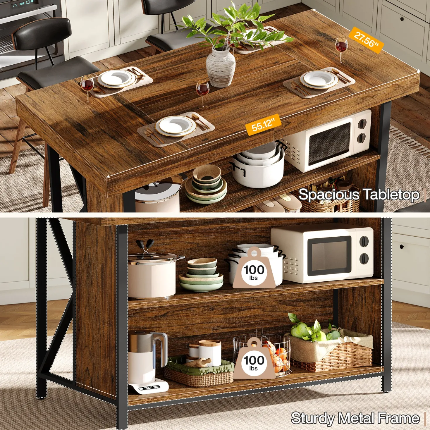 55" Kitchen Island with Storage, 3-Tier Stationary Island Table with Metal Frame