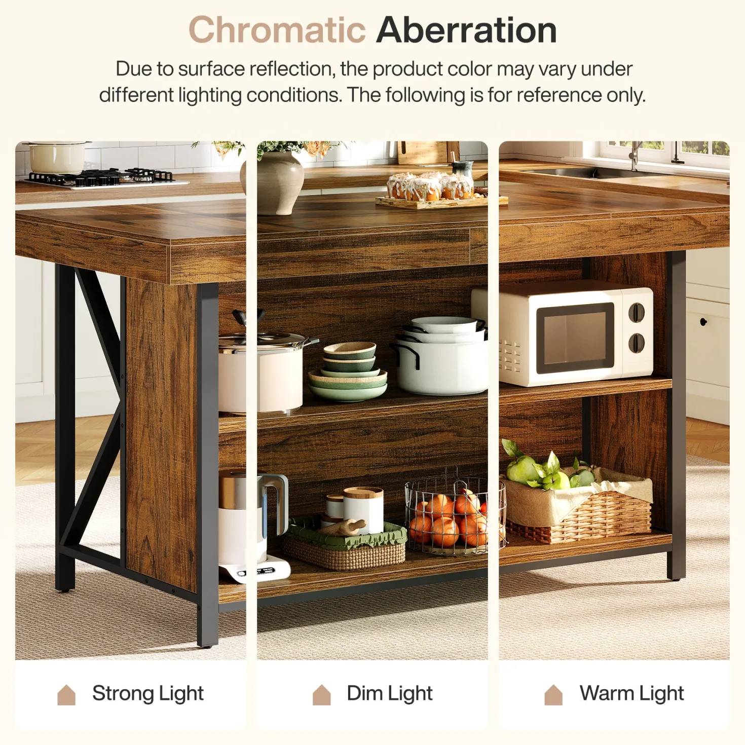 55" Kitchen Island with Storage, 3-Tier Stationary Island Table with Metal Frame