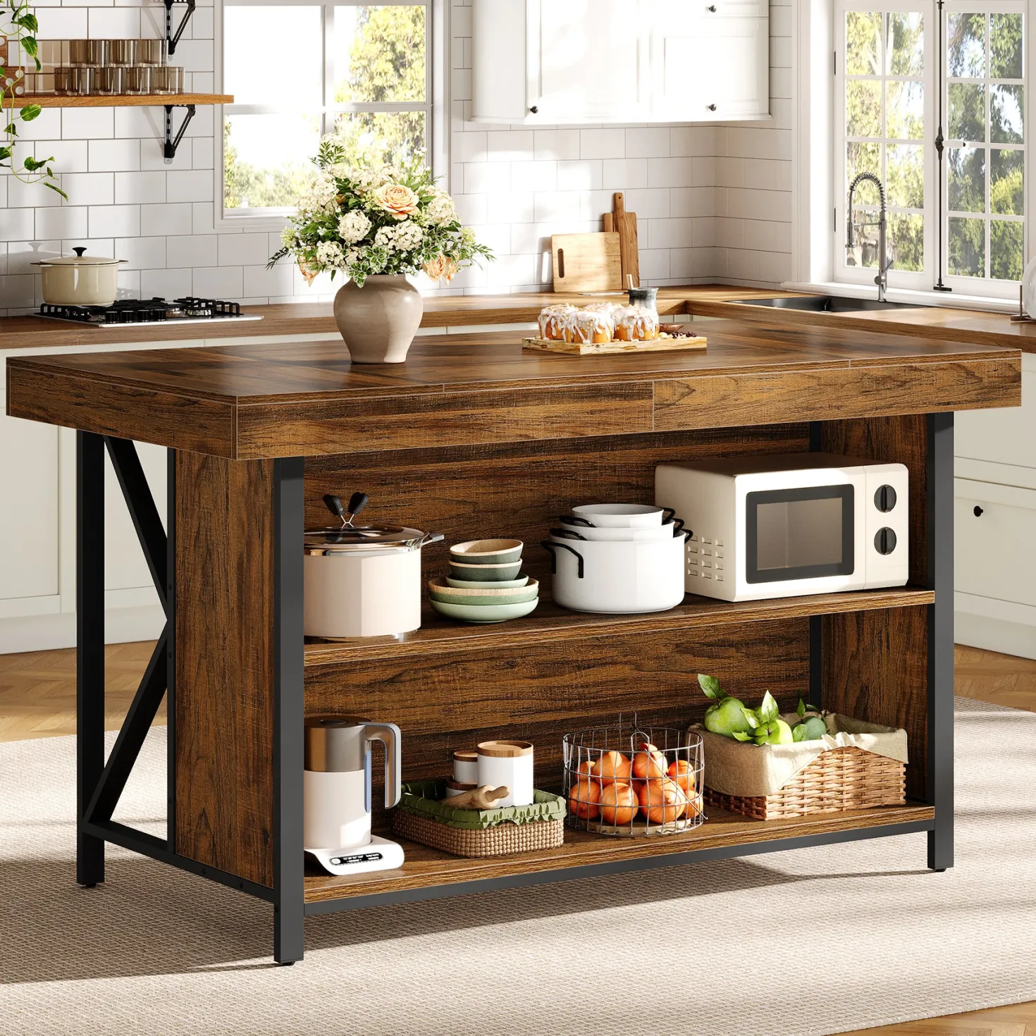 55" Kitchen Island with Storage, 3-Tier Stationary Island Table with Metal Frame