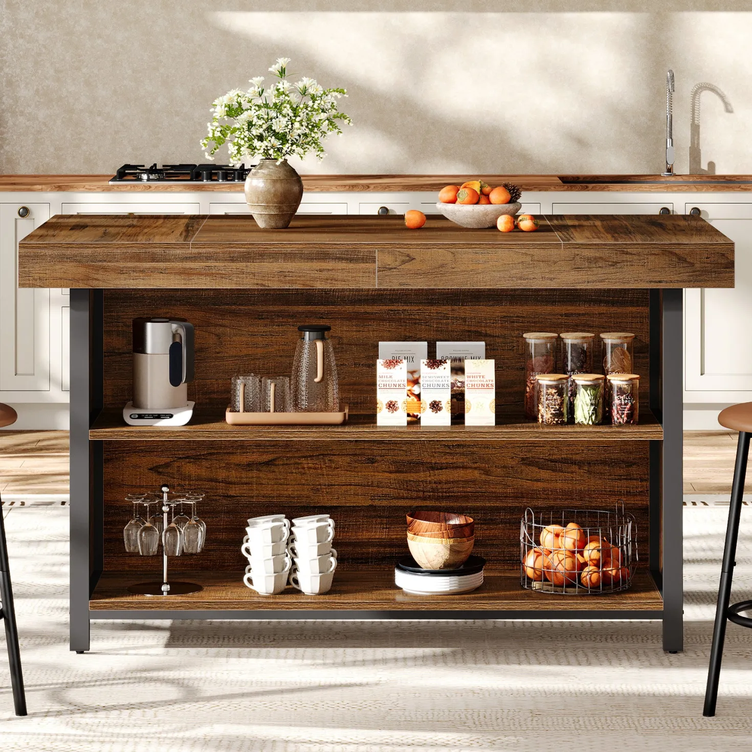 55" Kitchen Island with Storage, 3-Tier Stationary Island Table with Metal Frame