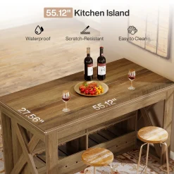 55" Kitchen Island, Wooden Bar Table with 2 Drawers and Open Shelf