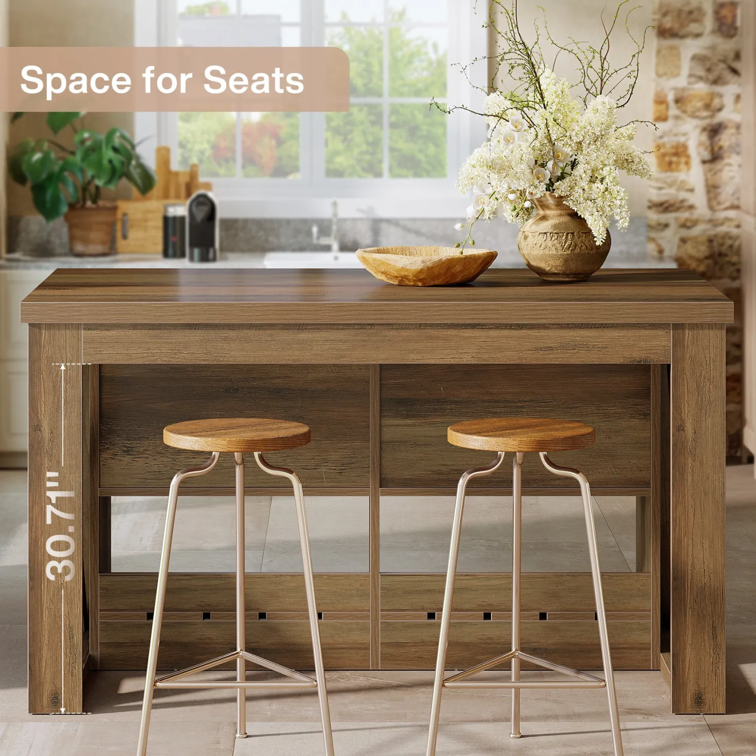 55" Kitchen Island, Wooden Bar Table with 2 Drawers and Open Shelf