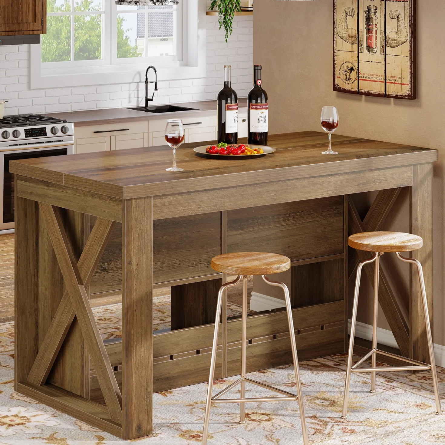 55" Kitchen Island, Wooden Bar Table with 2 Drawers and Open Shelf