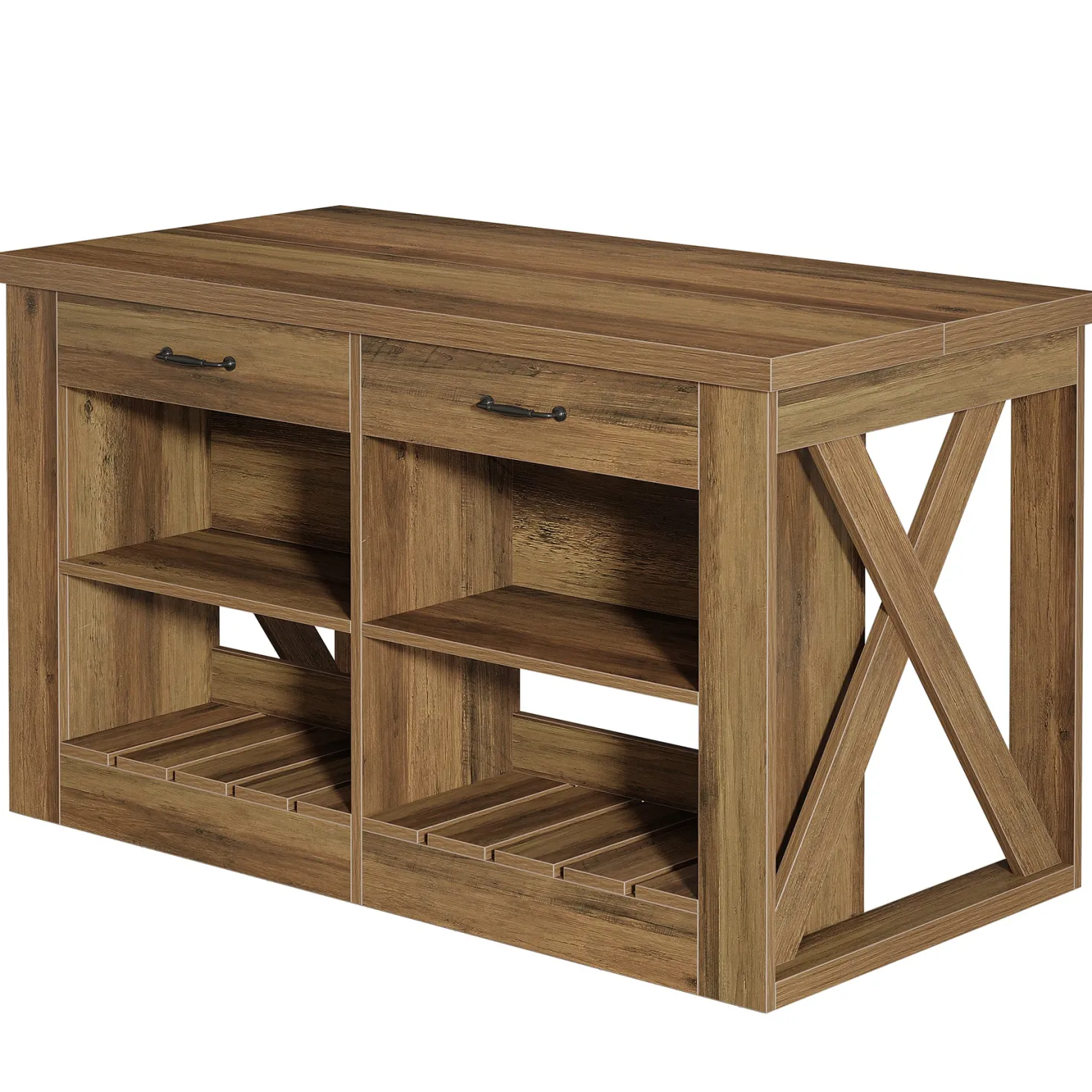 55" Kitchen Island, Wooden Bar Table with 2 Drawers and Open Shelf