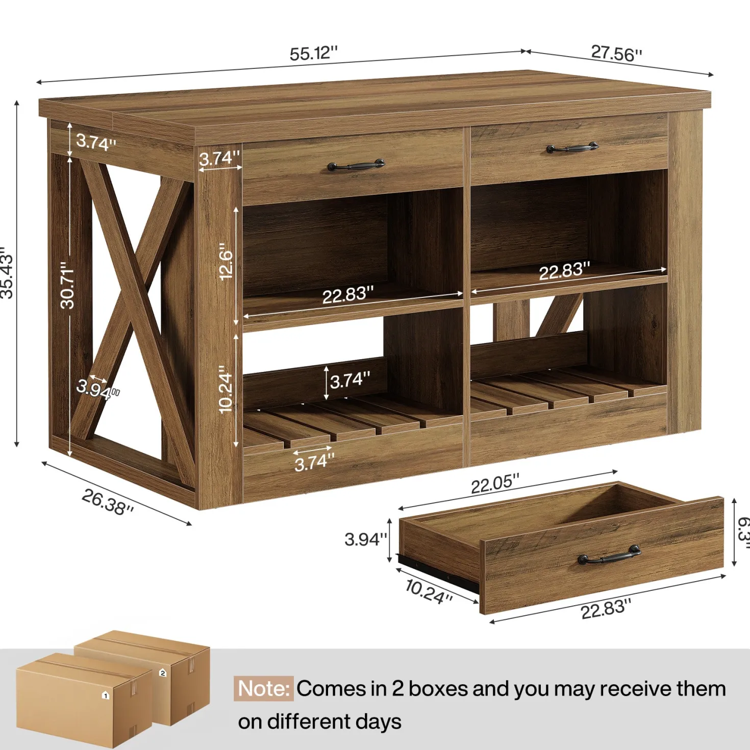 55" Kitchen Island, Wooden Bar Table with 2 Drawers and Open Shelf