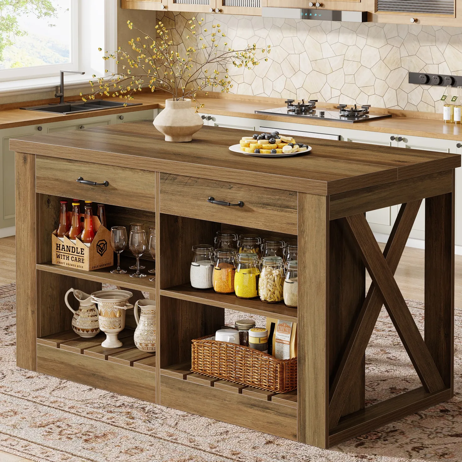 55" Kitchen Island, Wooden Bar Table with 2 Drawers and Open Shelf