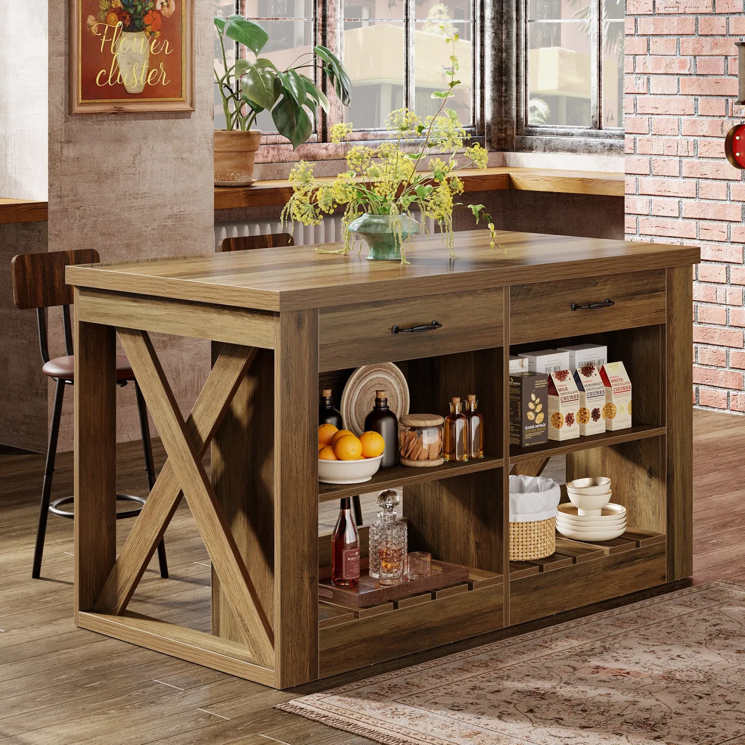 55" Kitchen Island, Wooden Bar Table with 2 Drawers and Open Shelf