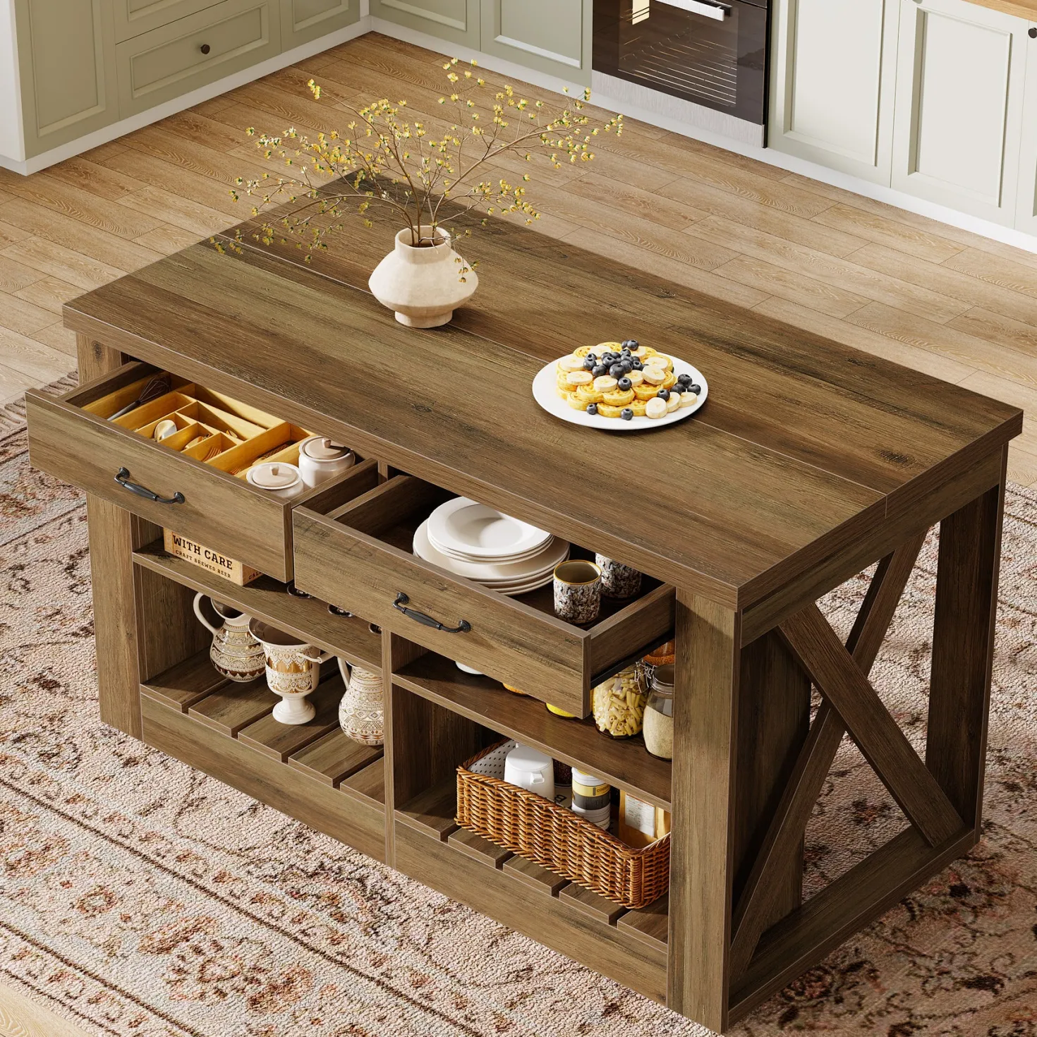 55" Kitchen Island, Wooden Bar Table with 2 Drawers and Open Shelf