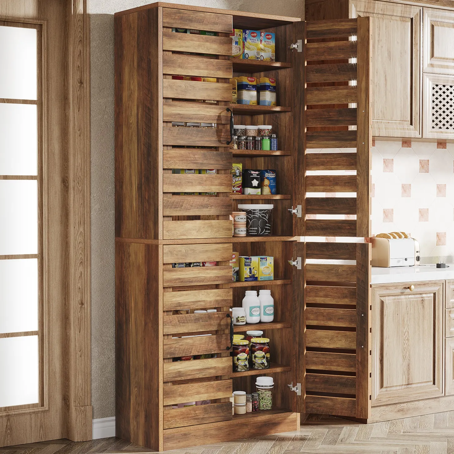 70.8" Kitchen Pantry Cabinet, 9-Tier Storage Cabinet with 2 Shutter Doors