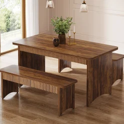 55" Kitchen Table with 2 Benches, 3-Piece Dining Table Set for 4-6 People