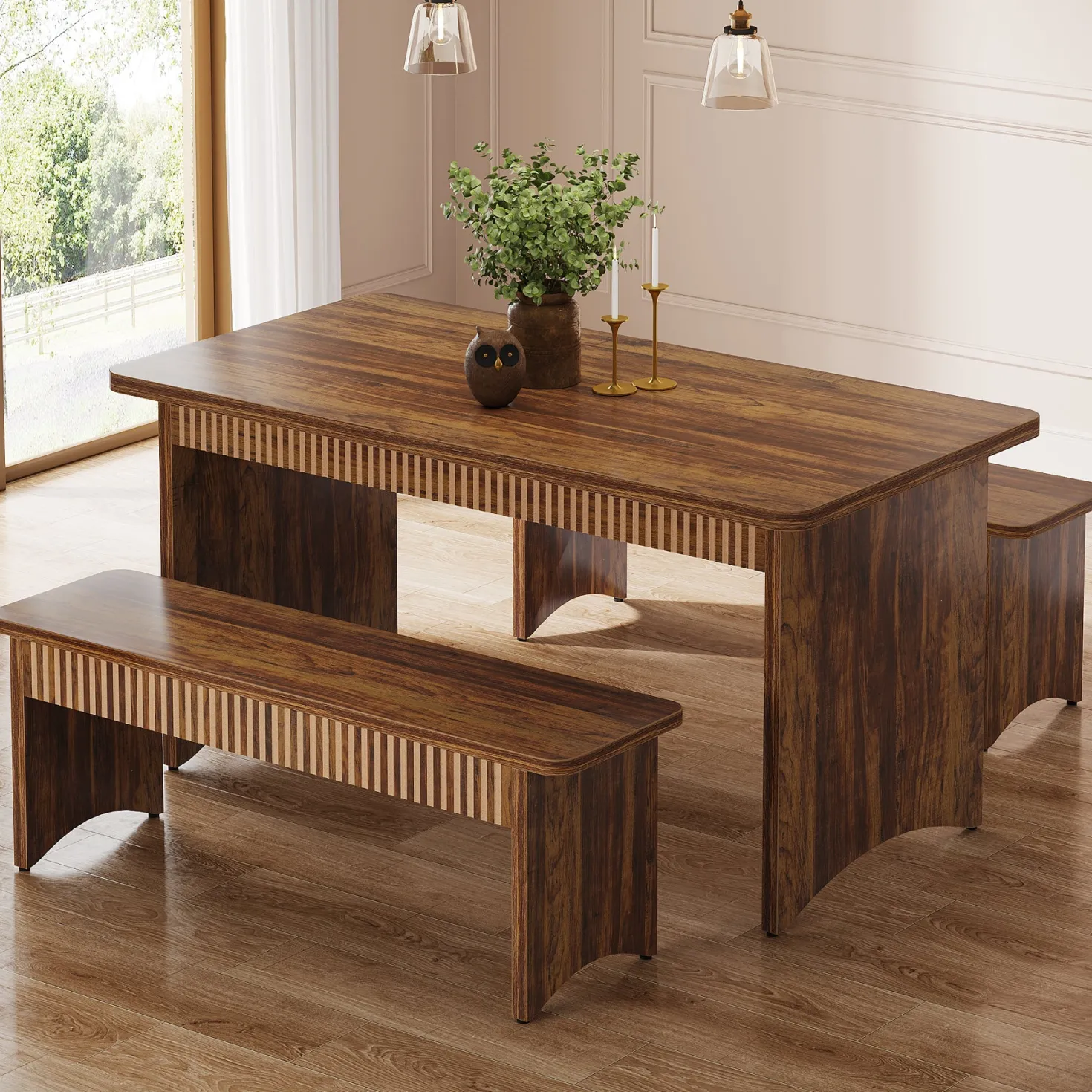 55" Kitchen Table with 2 Benches, 3-Piece Dining Table Set for 4-6 People