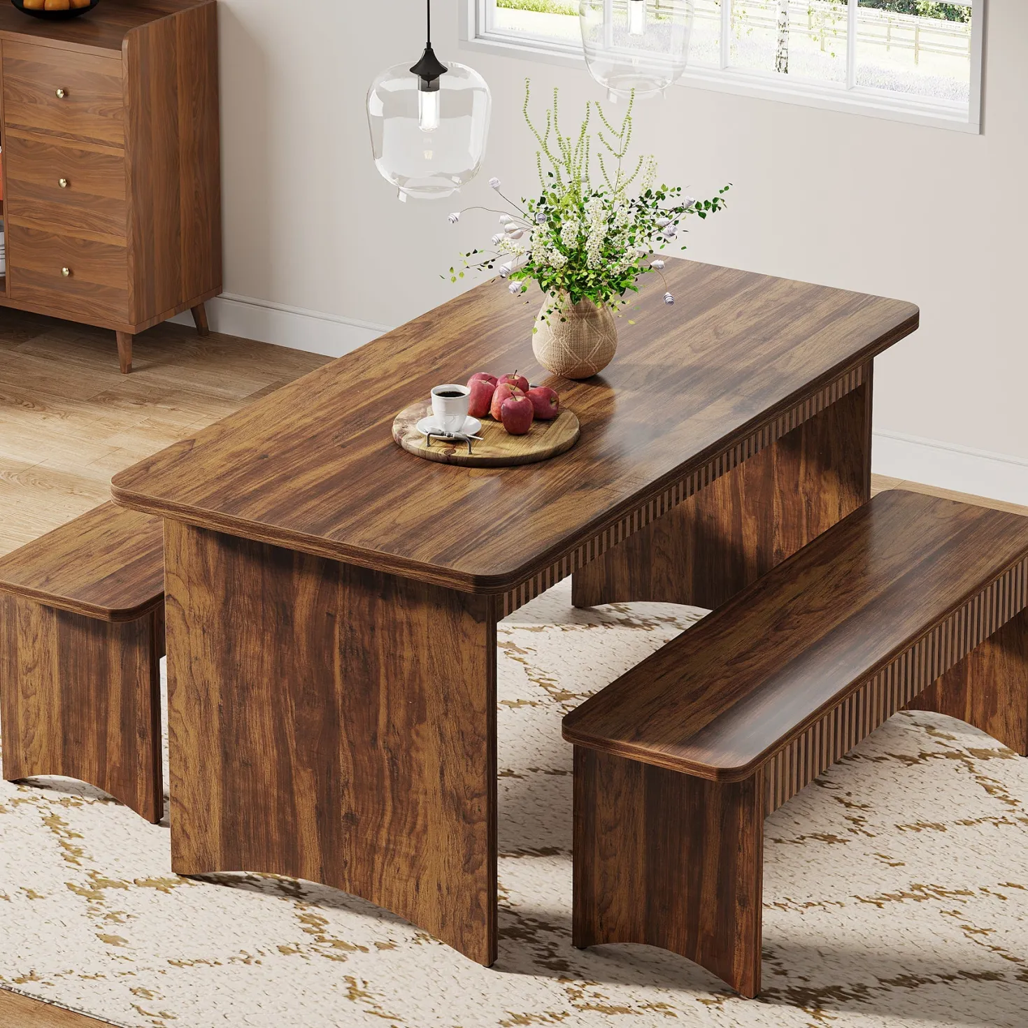 55" Kitchen Table with 2 Benches, 3-Piece Dining Table Set for 4-6 People