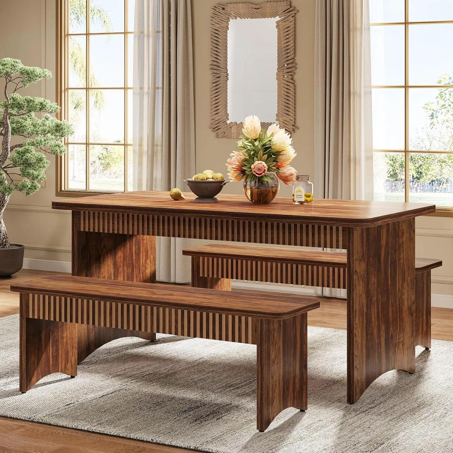 55" Kitchen Table with 2 Benches, 3-Piece Dining Table Set for 4-6 People