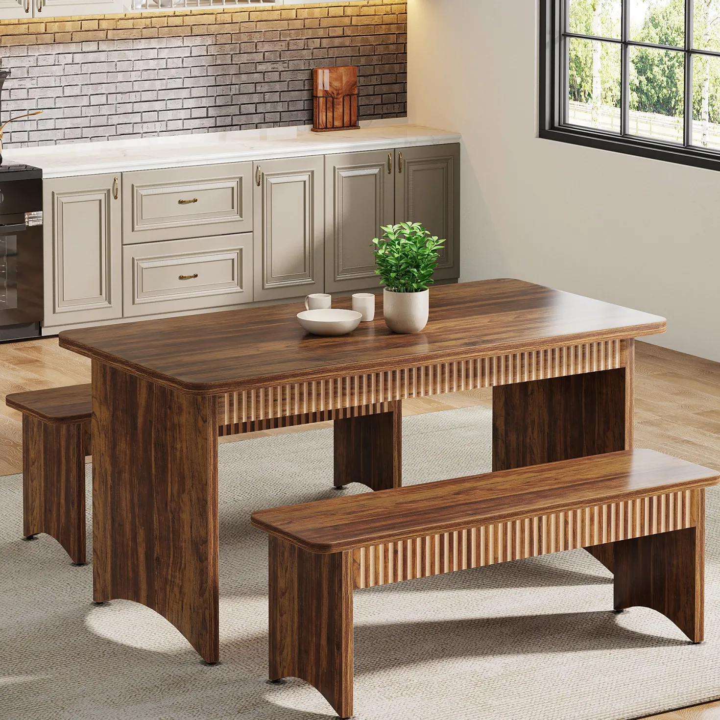 55" Kitchen Table with 2 Benches, 3-Piece Dining Table Set for 4-6 People