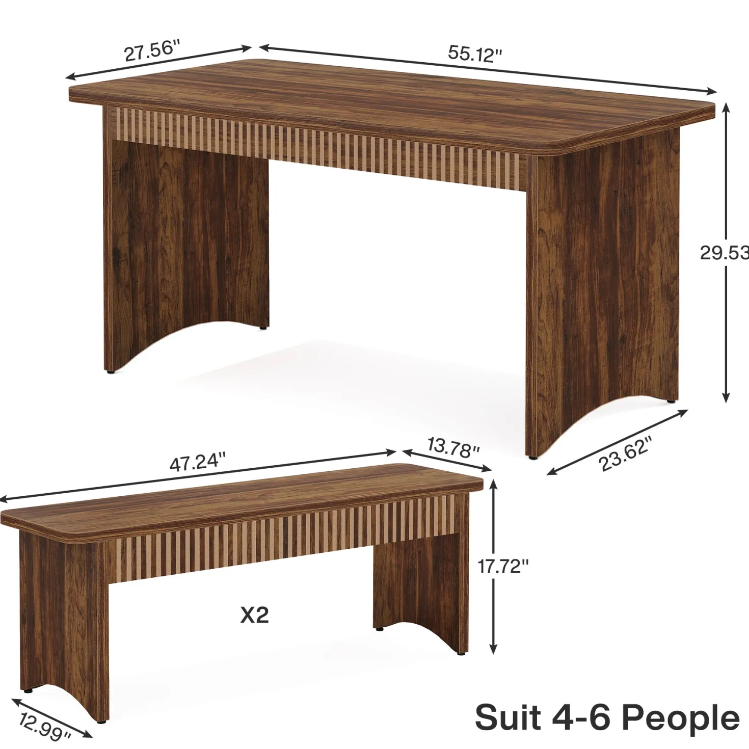 55" Kitchen Table with 2 Benches, 3-Piece Dining Table Set for 4-6 People