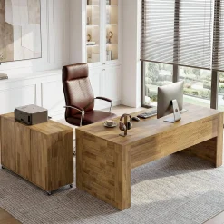 63" L Shaped Desk, Executive Office Desk with with Storage, Large Computer Table with Drawers and Shelves