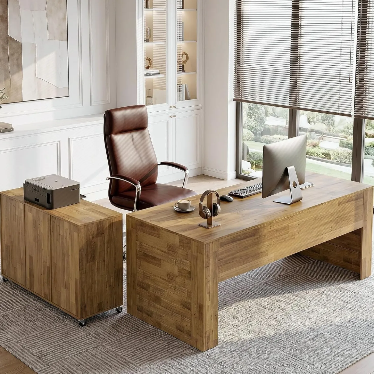 63" L Shaped Desk, Executive Office Desk with with Storage, Large Computer Table with Drawers and Shelves