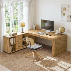 63" L Shaped Desk, Executive Office Desk with with Storage, Large Computer Table with Drawers and Shelves