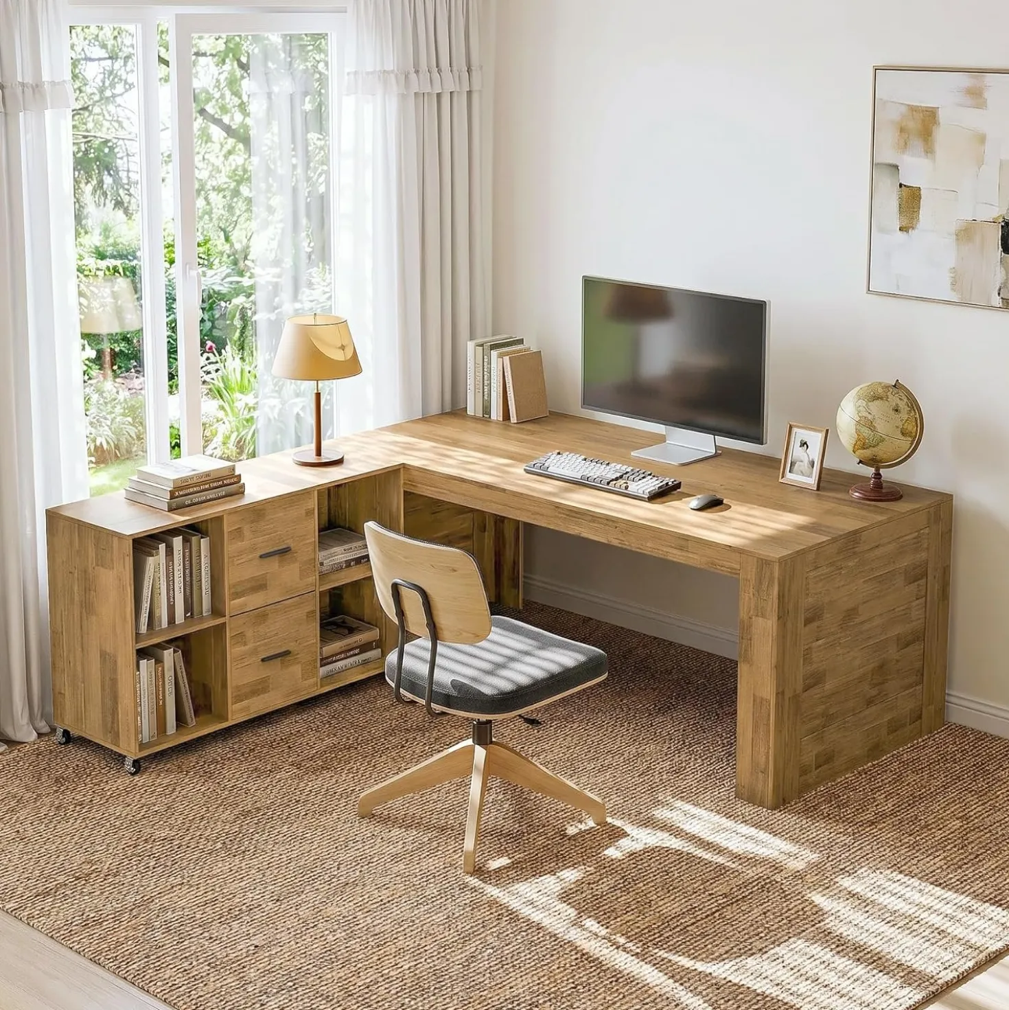 63" L Shaped Desk, Executive Office Desk with with Storage, Large Computer Table with Drawers and Shelves