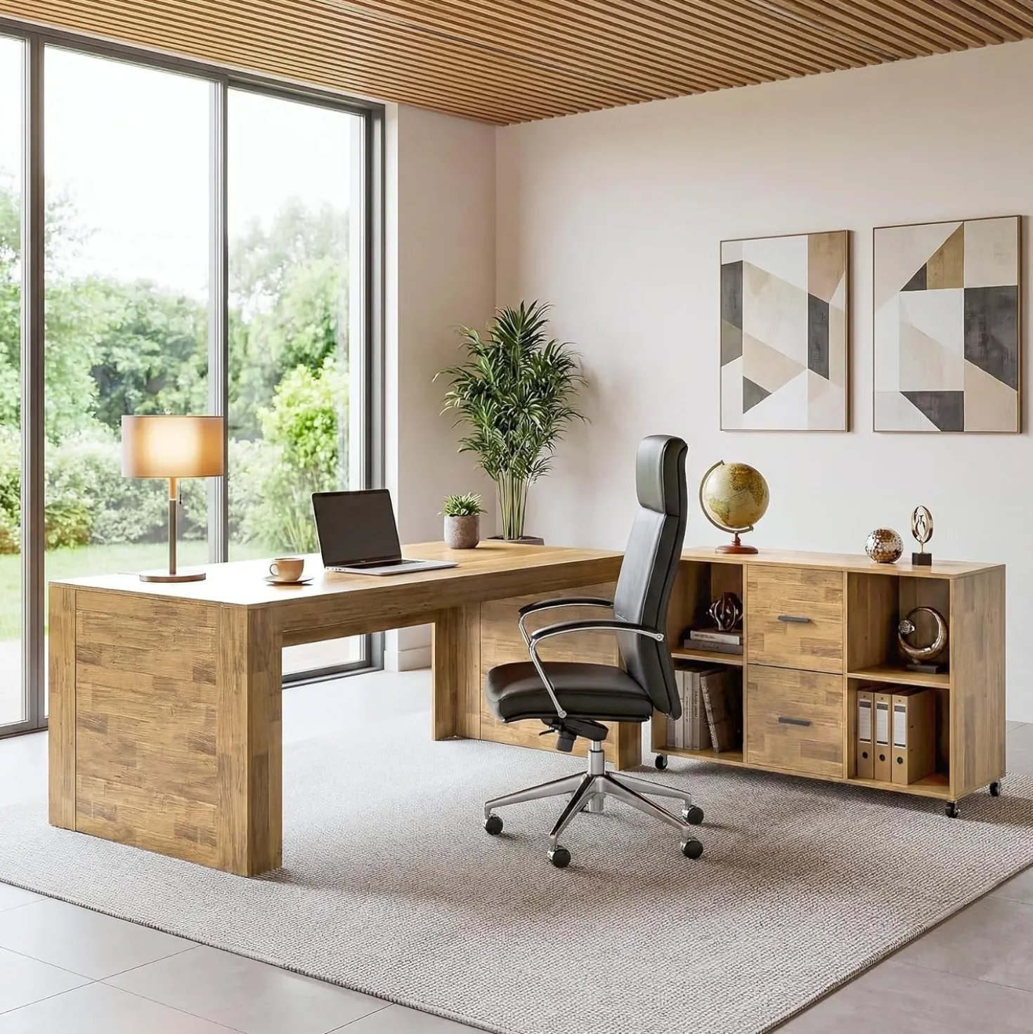 63" L Shaped Desk, Executive Office Desk with with Storage, Large Computer Table with Drawers and Shelves
