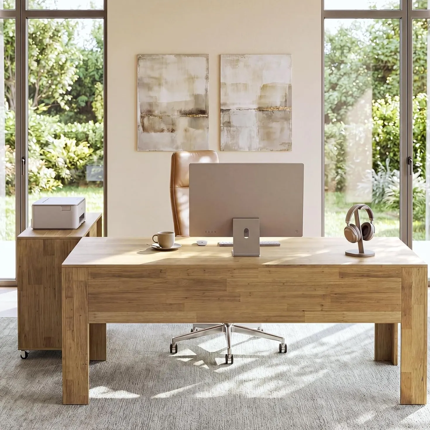 63" L Shaped Desk, Executive Office Desk with with Storage, Large Computer Table with Drawers and Shelves