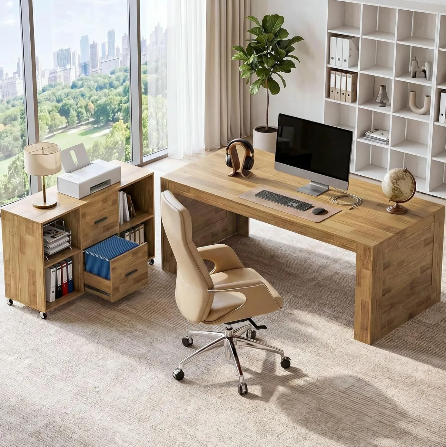 63" L Shaped Desk, Executive Office Desk with with Storage, Large Computer Table with Drawers and Shelves