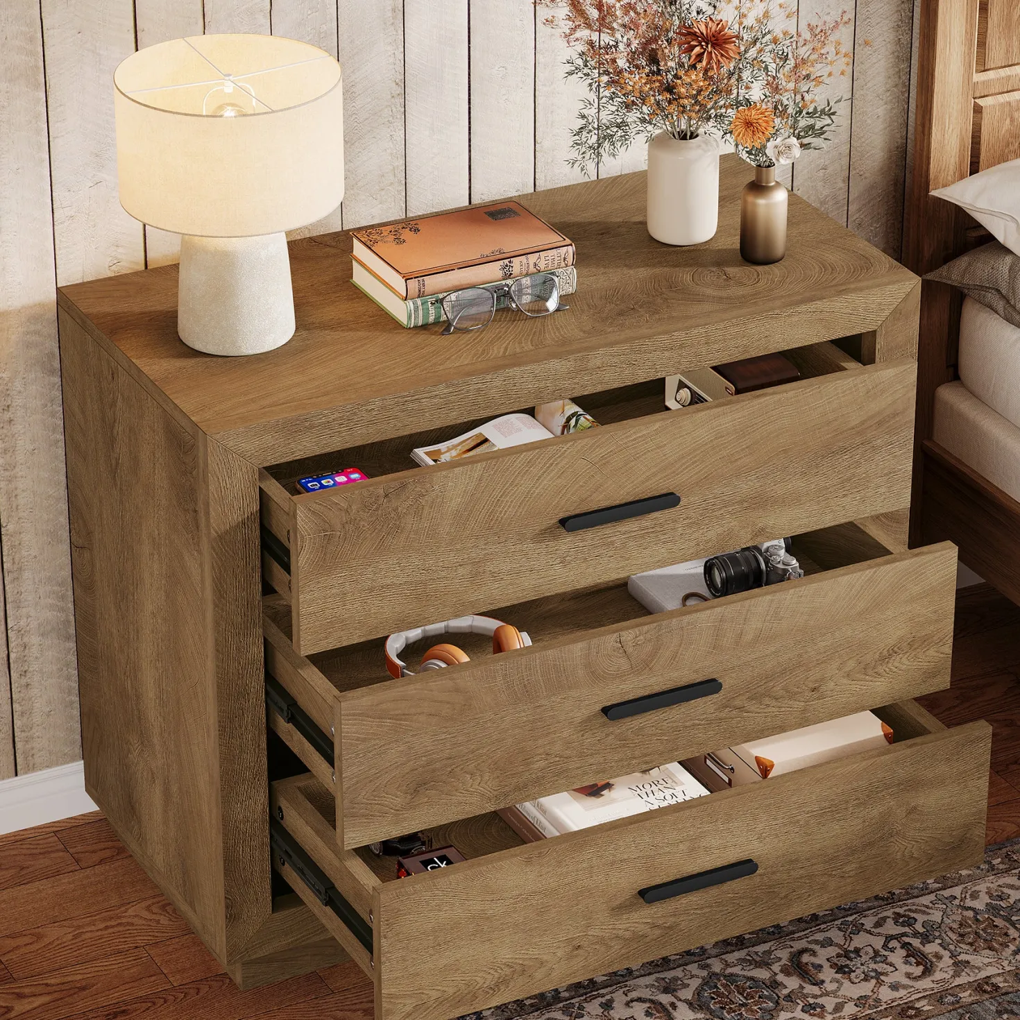 31.5" Large Nightstand, Oversized Bedside Table with 3 Drawers for Bedroom