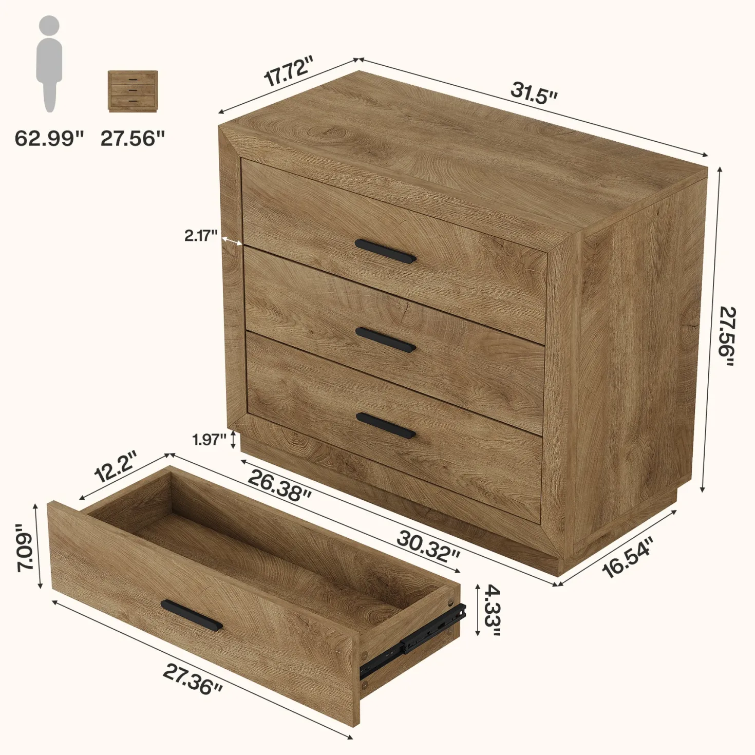 31.5" Large Nightstand, Oversized Bedside Table with 3 Drawers for Bedroom